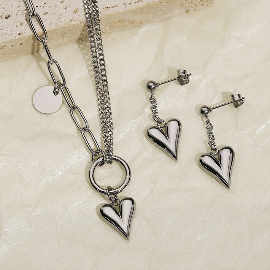 Titanium Steel Heart Necklace and Drop Earrings Jewelry Set Silver / One Size Apparel Accessories