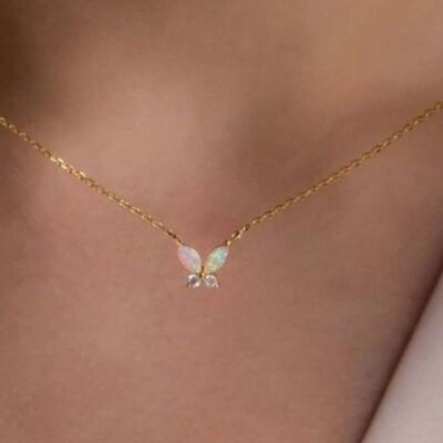 Titanium Steel Natural Opal Butterfly Necklace Apparel and Accessories