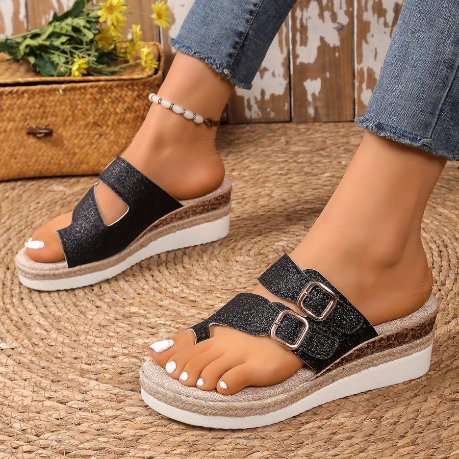 Toe Loop Wedge Sandals Black / 36 Apparel and Accessories