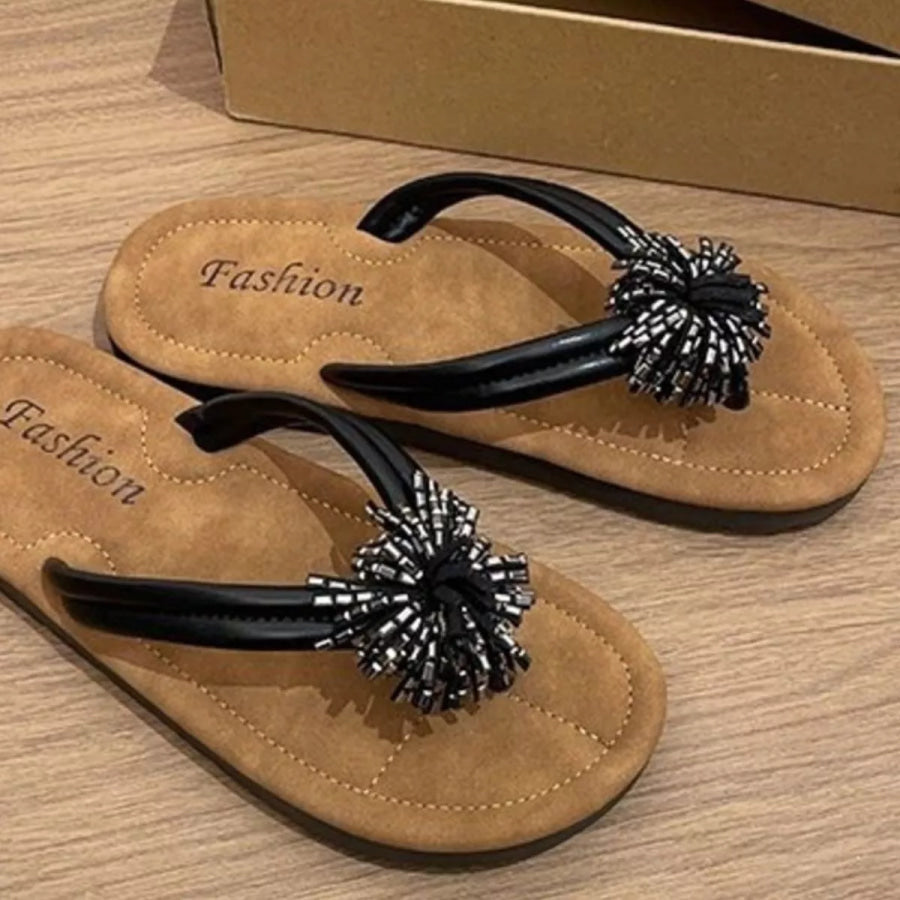 Toe Post Flats Sandals Black / 35 Apparel and Accessories