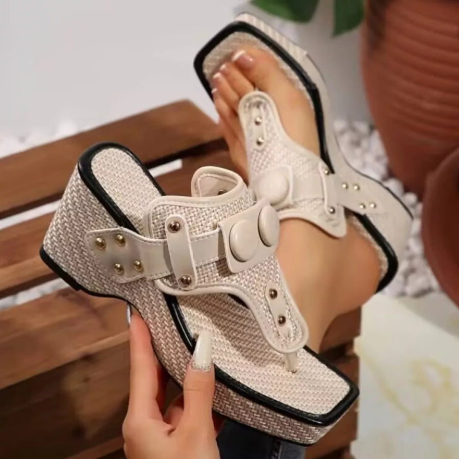 Toe Post Wedge Sandals Beige / 35 Apparel and Accessories