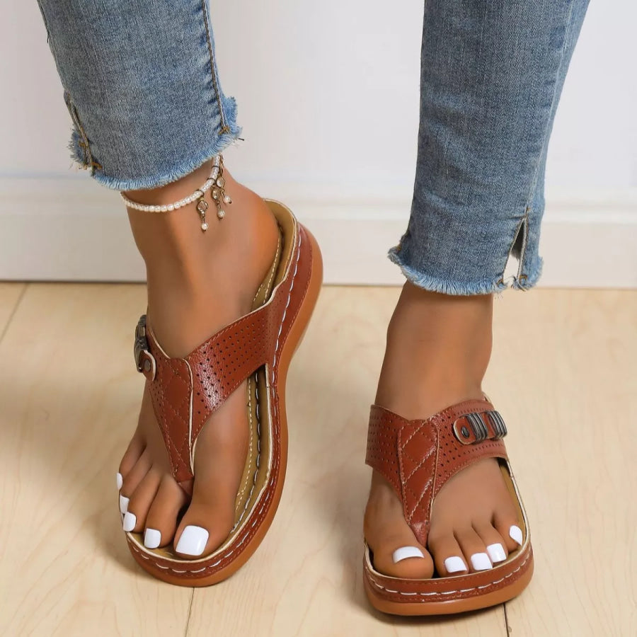 Toe Post Wedge Sandals Brown / 36 Apparel and Accessories