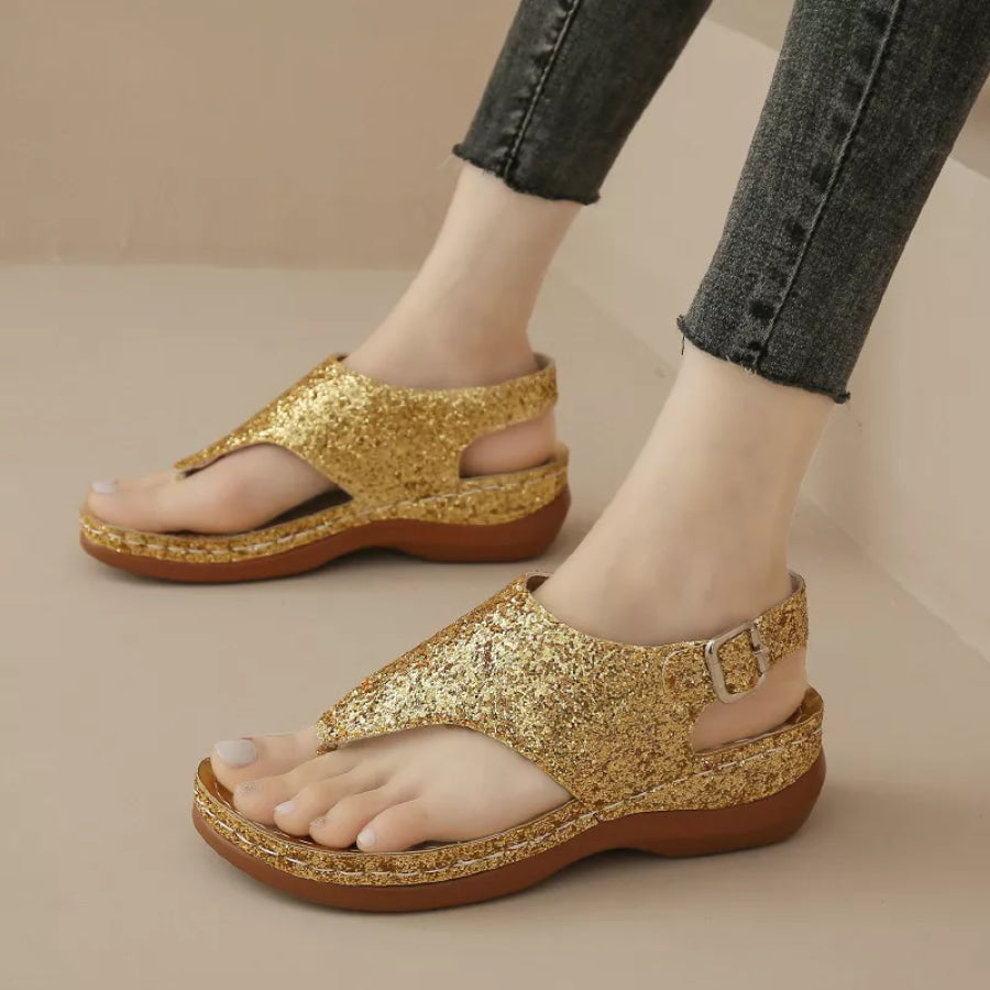 Toe Post Wedge Sandals Gold / 36 Apparel and Accessories