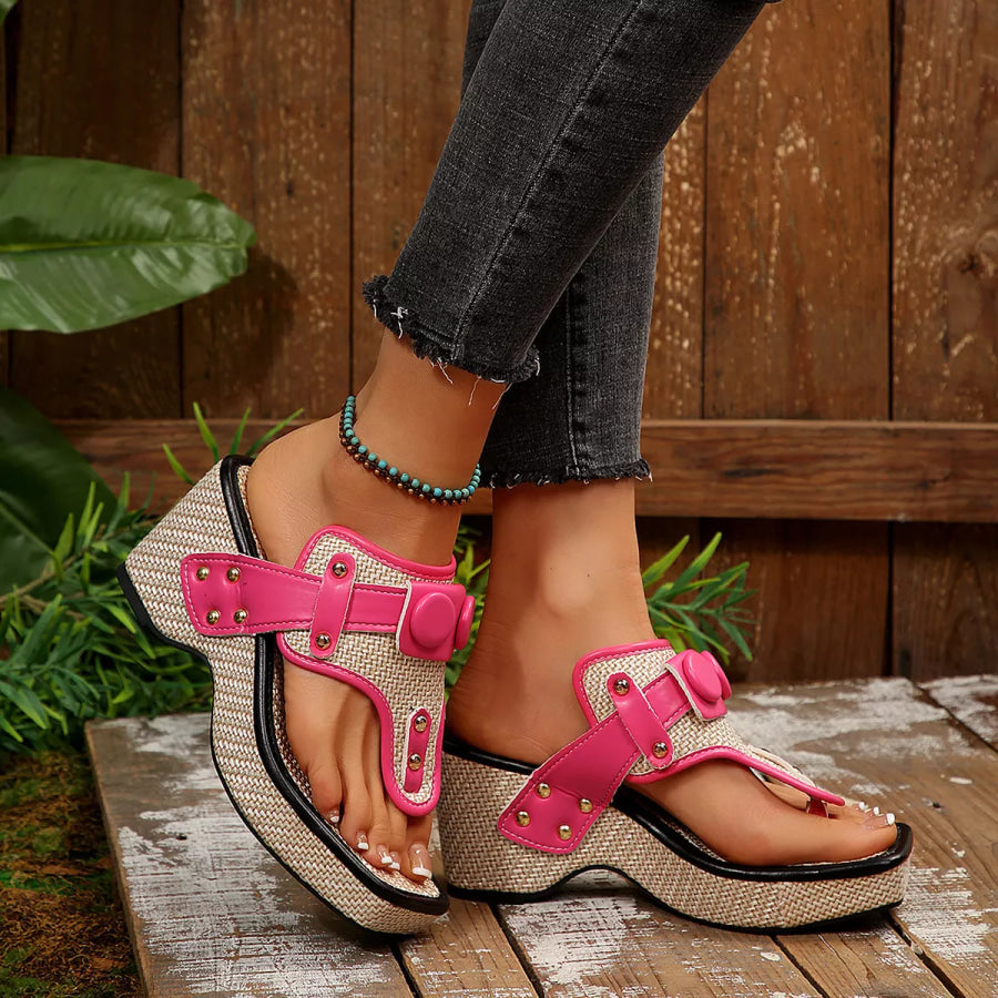 Toe Post Wedge Sandals Rose Pink / 35 Apparel and Accessories