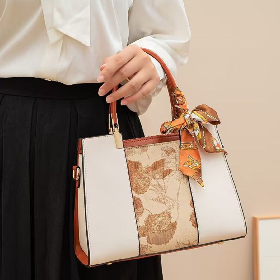 Top Handle Handbag with Scarf Accent White / ONESIZE Apparel and Accessories