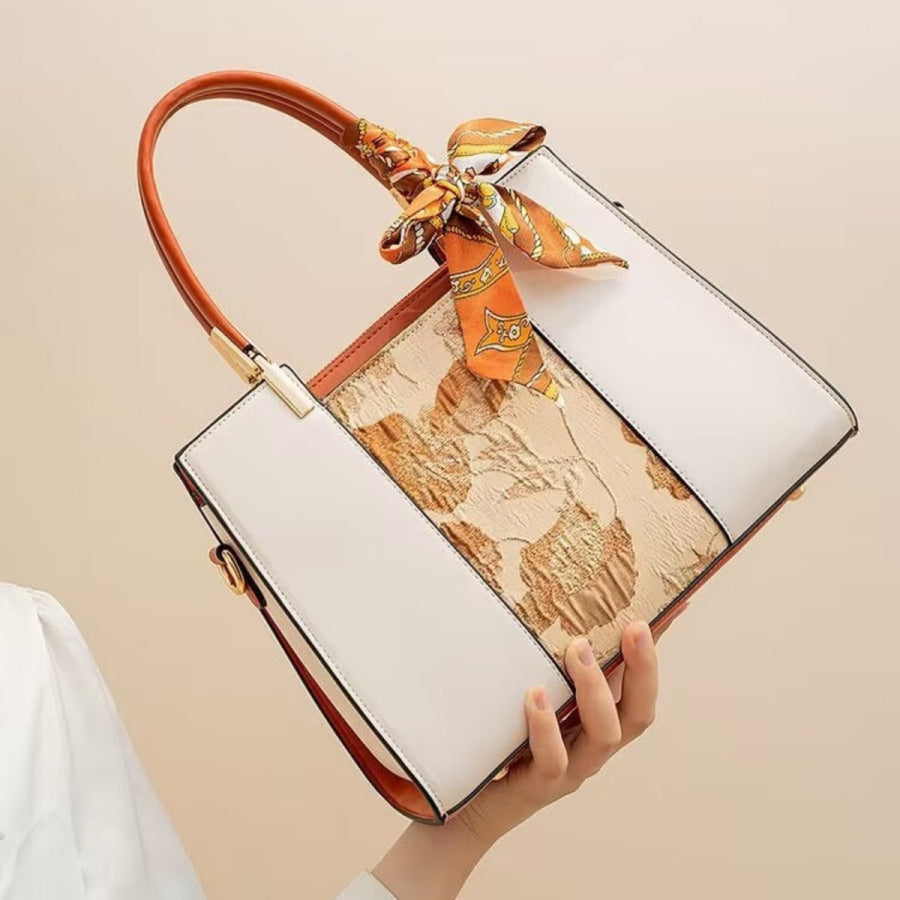 Top Handle Handbag with Scarf Accent White / ONESIZE Apparel and Accessories