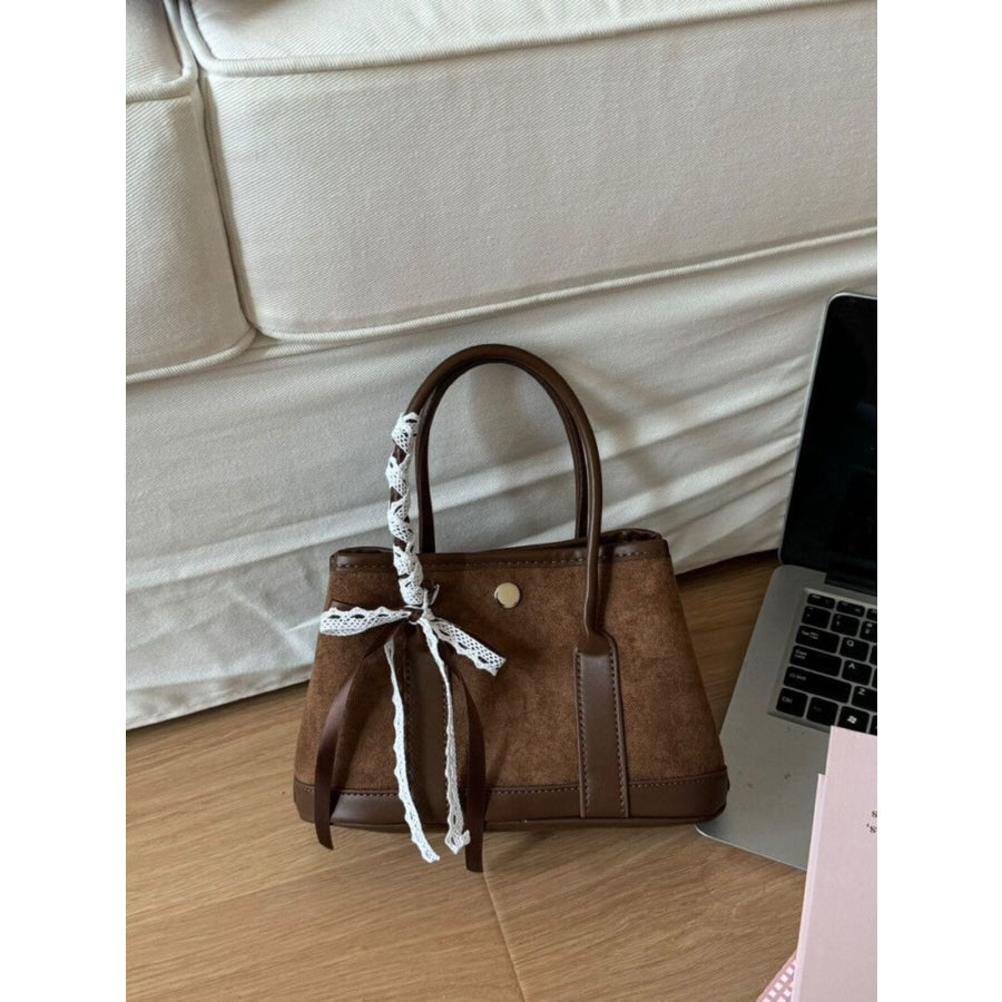 Top Handle Lace-Trimmed Handbag Brown / One Size Apparel and Accessories