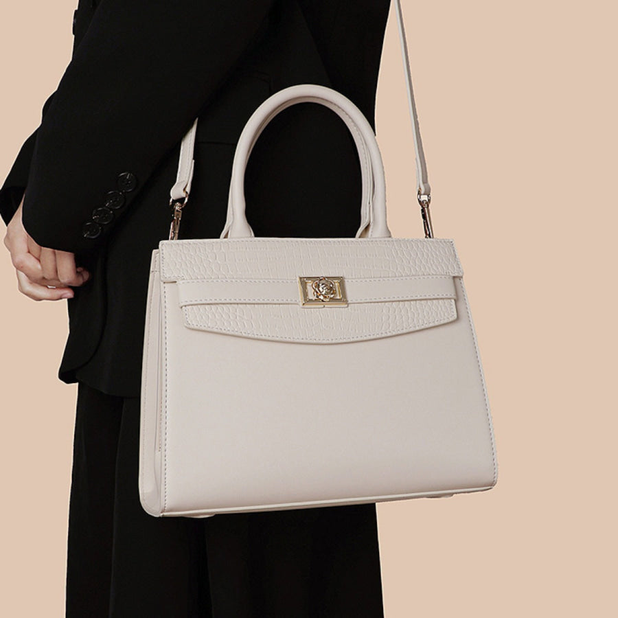 Top Handle Leather Handbag Ivory / One Size Apparel and Accessories