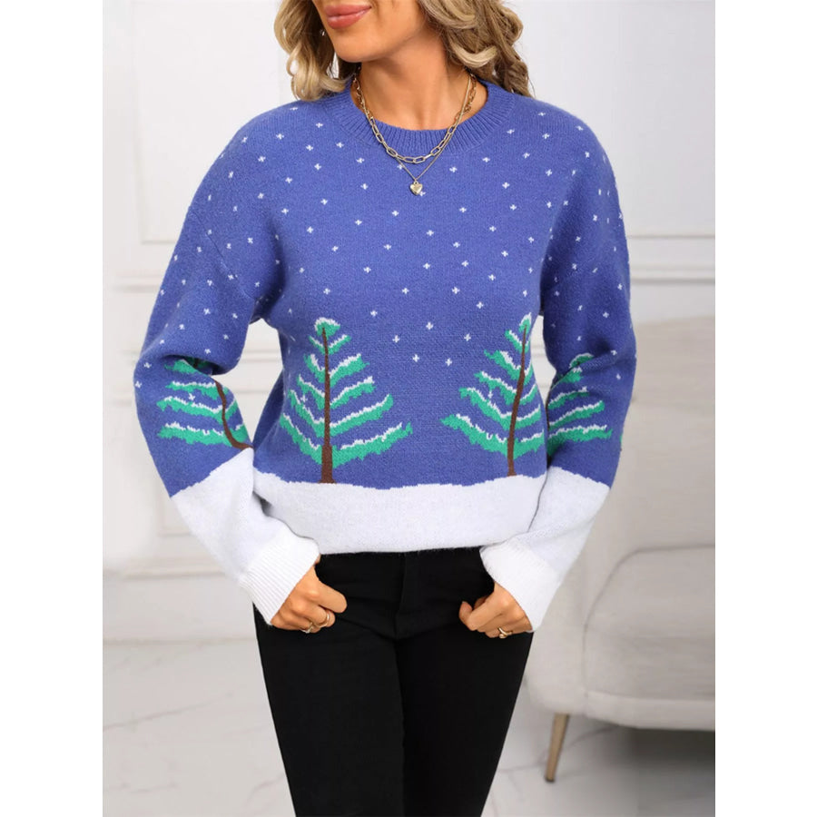 Tree Pattern Round Neck Sweater Apparel and Accessories