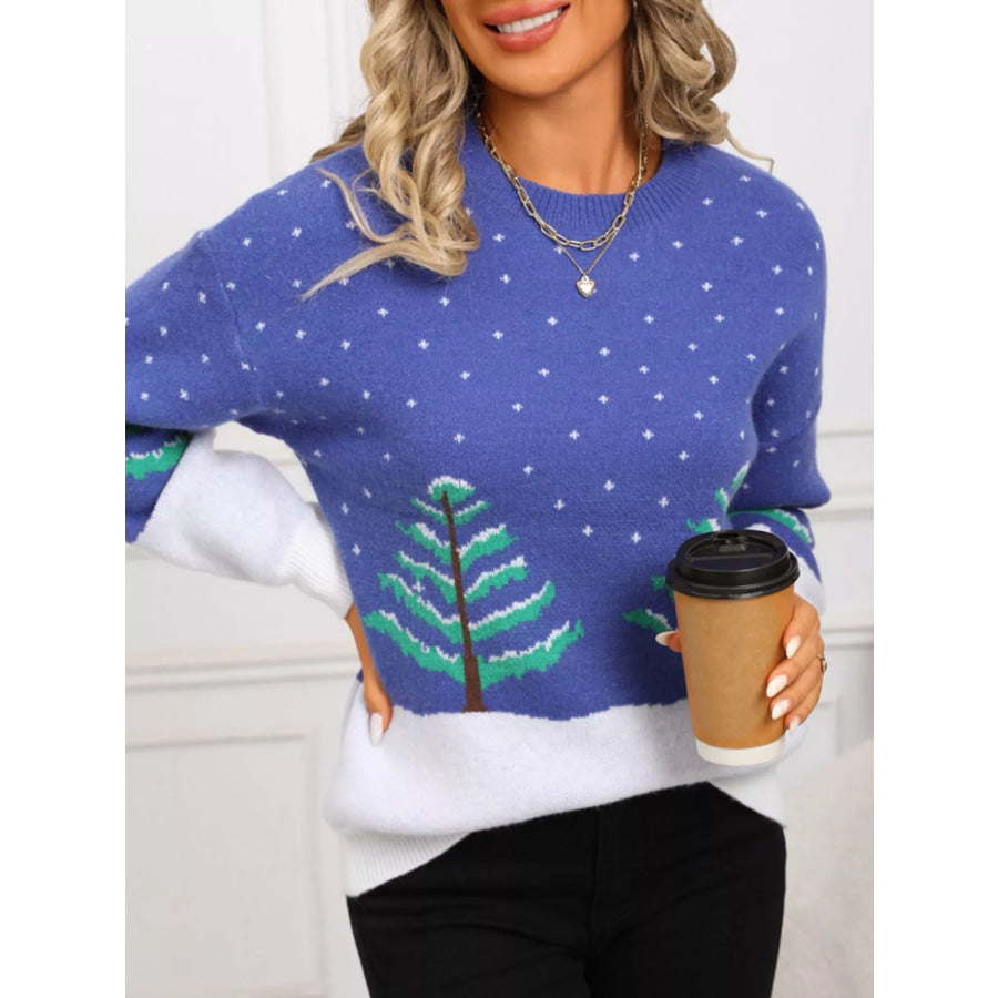 Tree Pattern Round Neck Sweater Apparel and Accessories