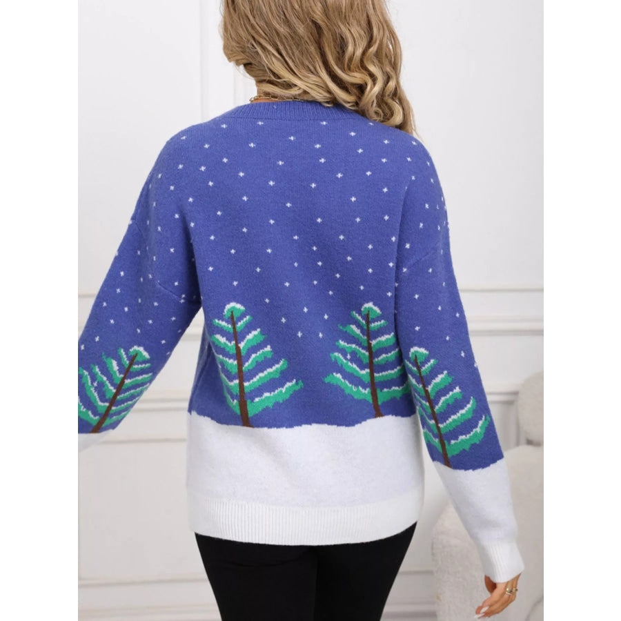 Tree Pattern Round Neck Sweater Apparel and Accessories