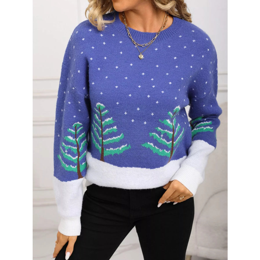 Tree Pattern Round Neck Sweater Apparel and Accessories
