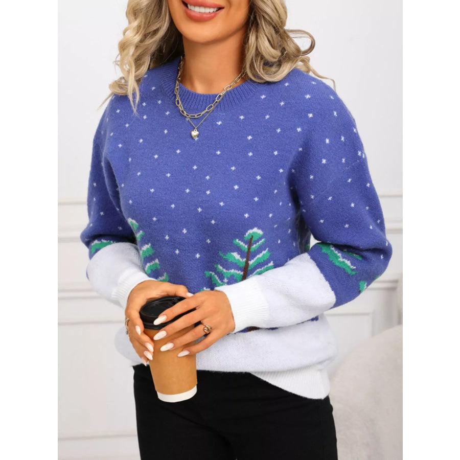 Tree Pattern Round Neck Sweater Apparel and Accessories