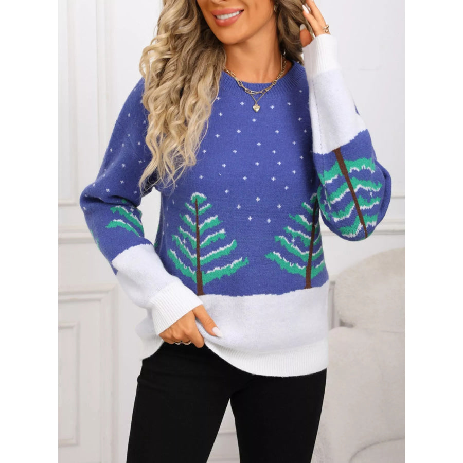 Tree Pattern Round Neck Sweater Blue / S Apparel and Accessories