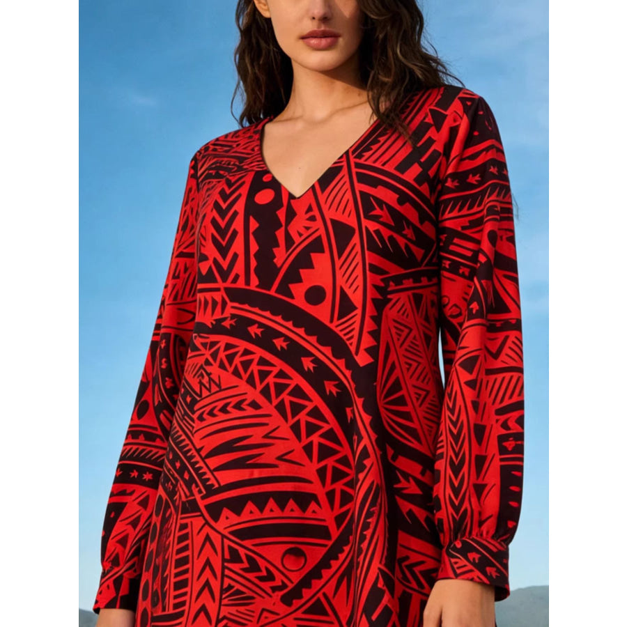 Tribal Print V-Neck Long Sleeve Dress Apparel and Accessories