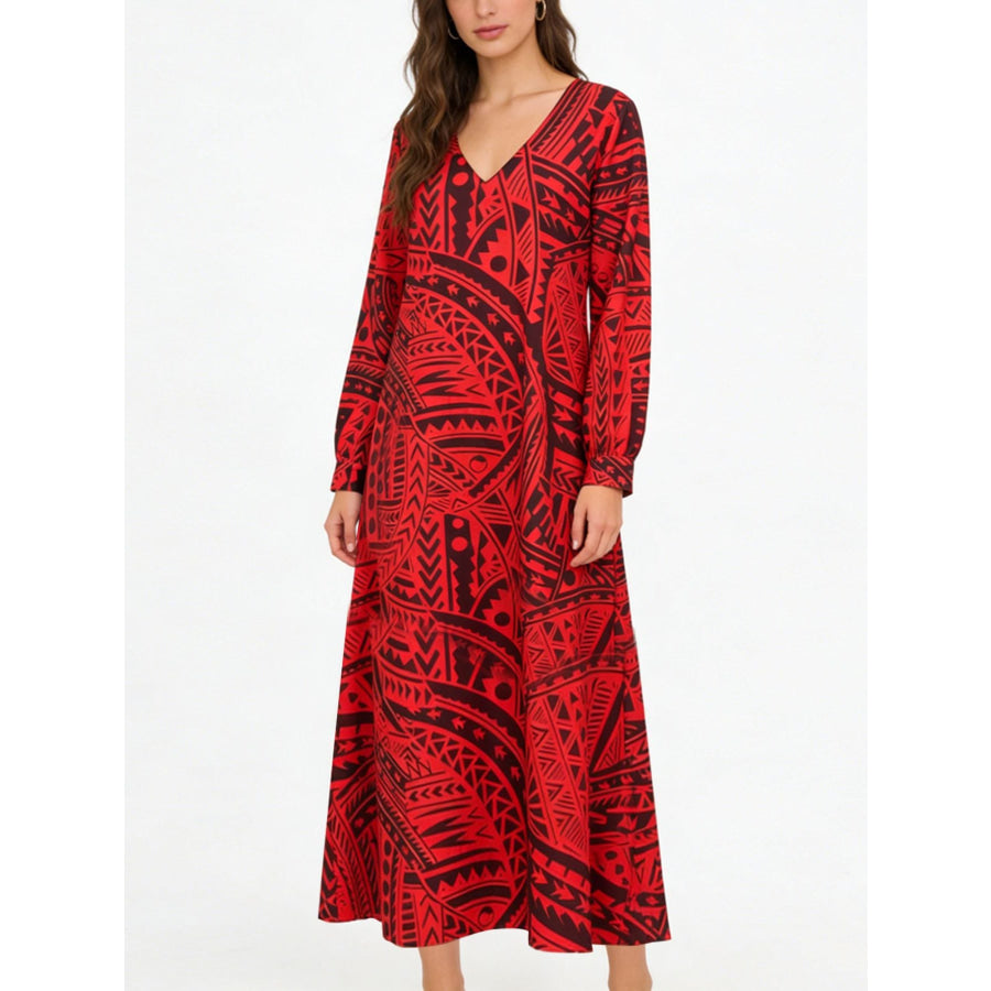 Tribal Print V-Neck Long Sleeve Dress Deep Red / S Apparel and Accessories