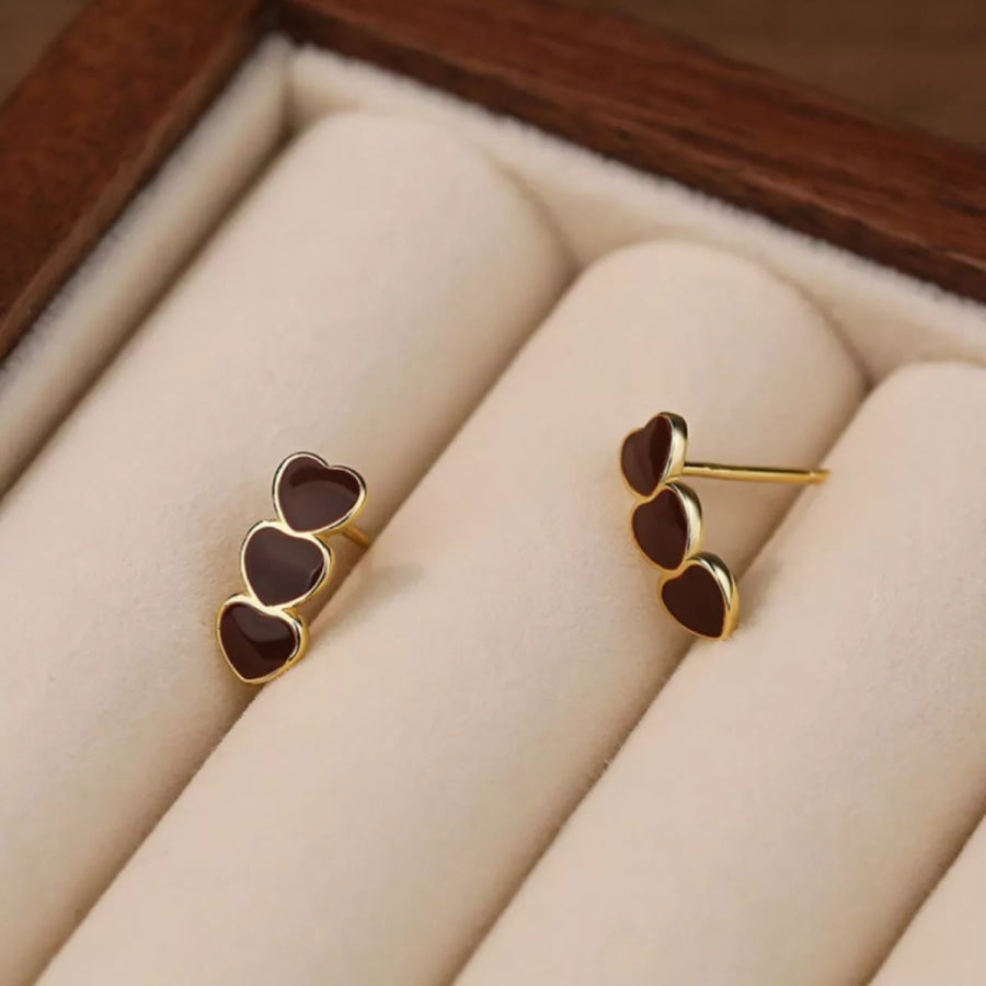 Triple Heart Stud Earrings Burgundy / One Size Apparel and Accessories