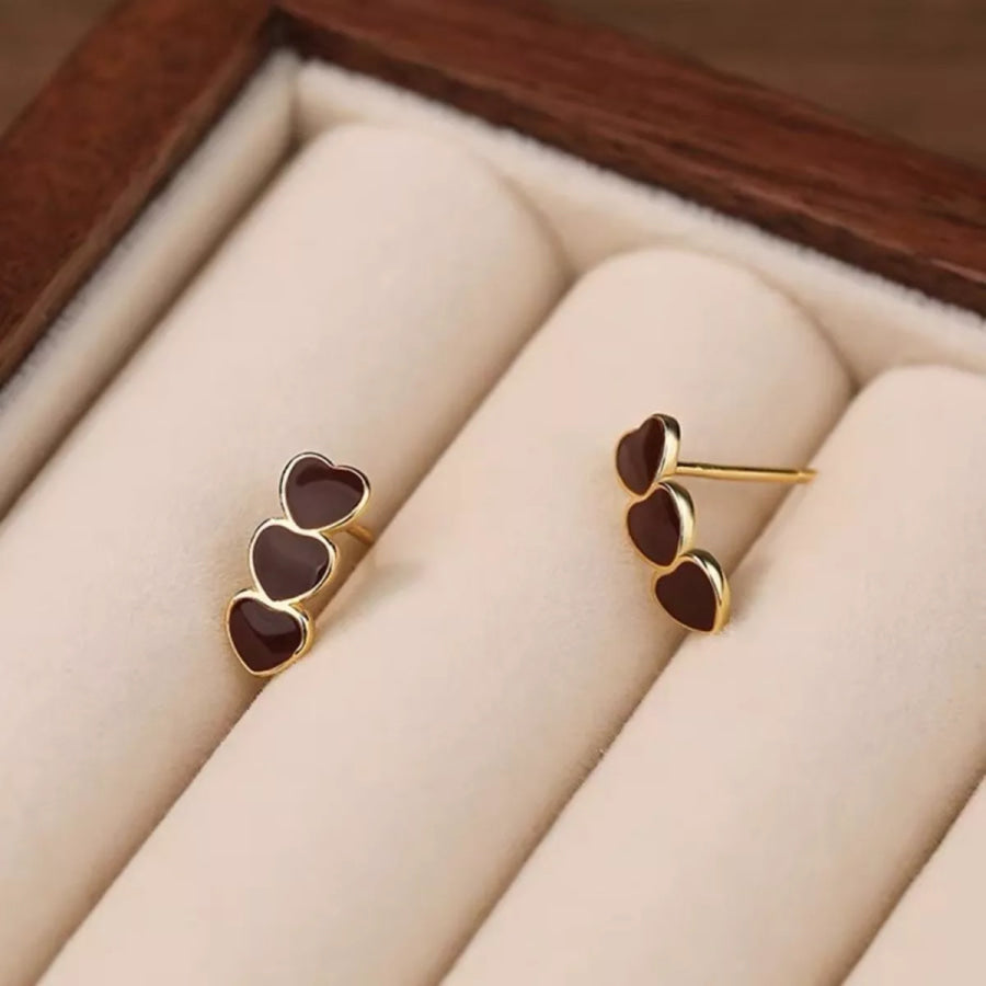 Triple Heart Stud Earrings Burgundy / One Size Apparel and Accessories