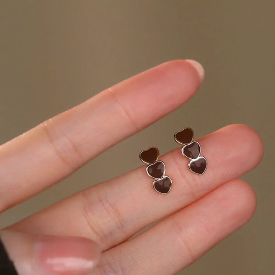Triple Heart Stud Earrings Burgundy / One Size Apparel and Accessories