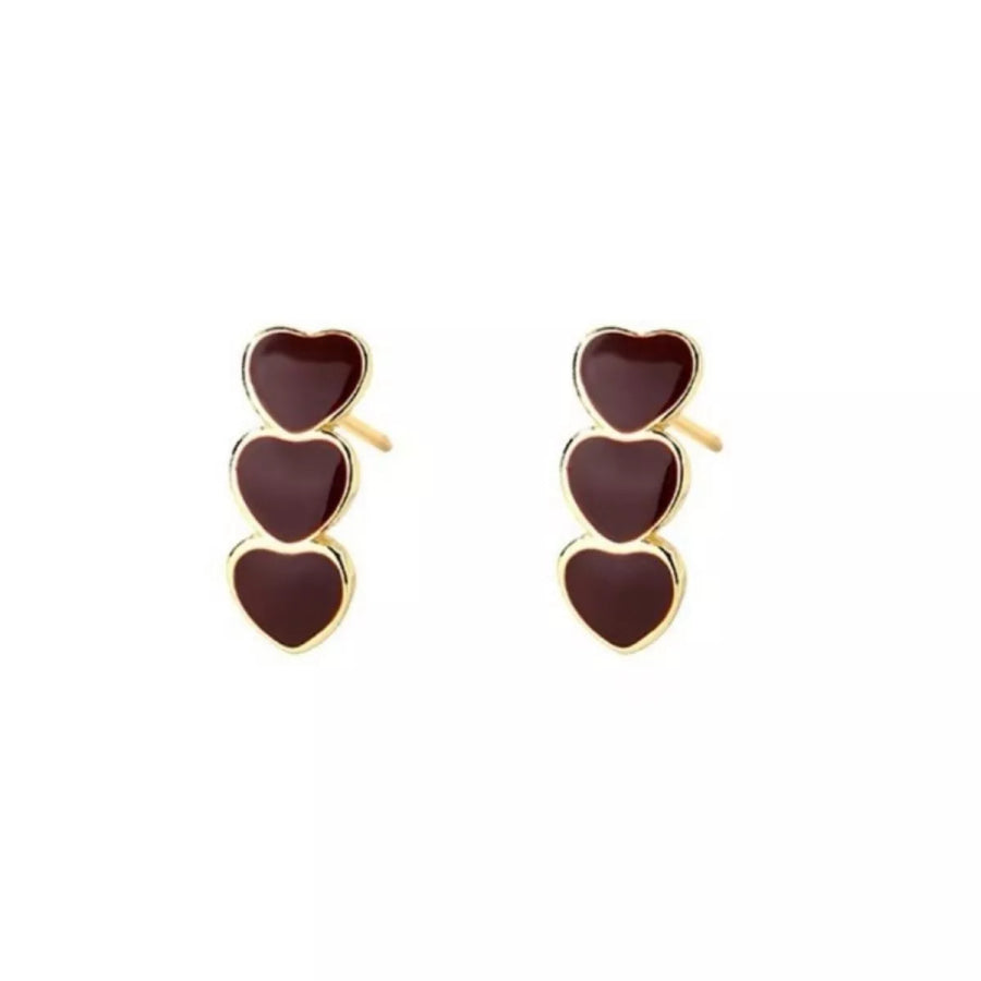 Triple Heart Stud Earrings Burgundy / One Size Apparel and Accessories
