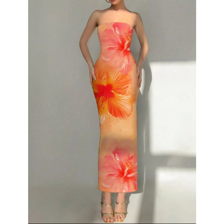Tropical Flower Print Bodycon Tube Dress Tangerine / S Apparel and Accessories