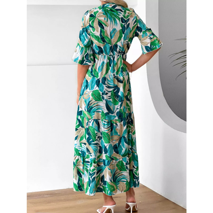 Tropical Leaf Print Half Sleeve Midi Dress Apparel and Accessories