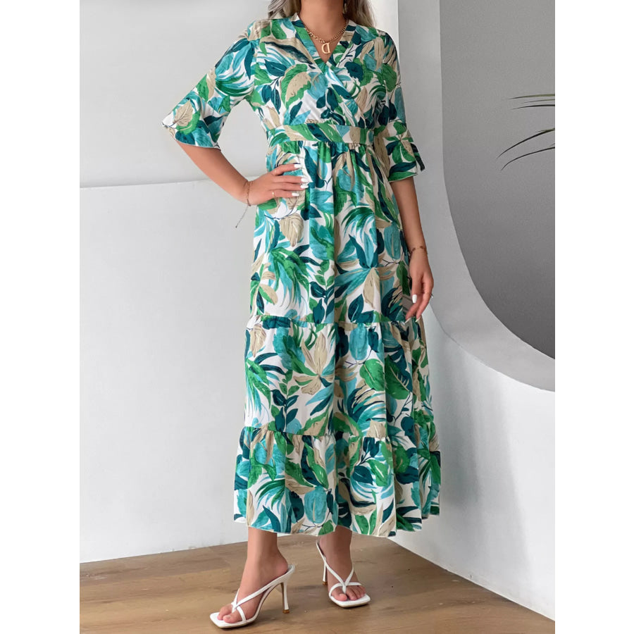 Tropical Leaf Print Half Sleeve Midi Dress Apparel and Accessories