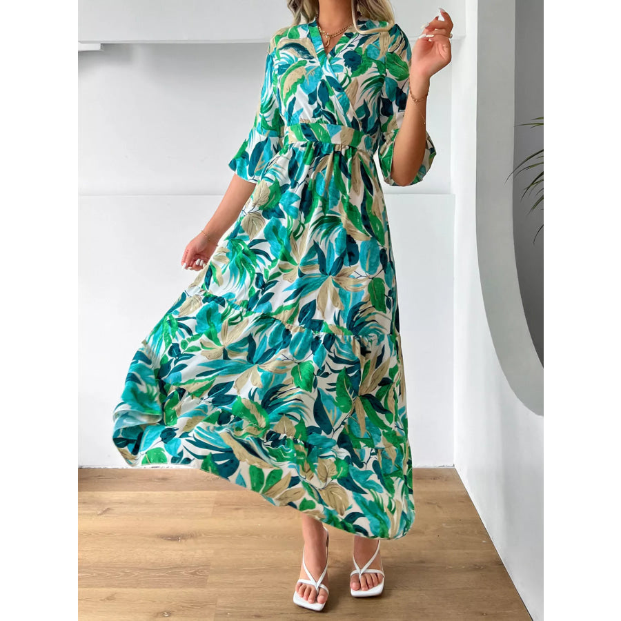 Tropical Leaf Print Half Sleeve Midi Dress Green / S Apparel and Accessories