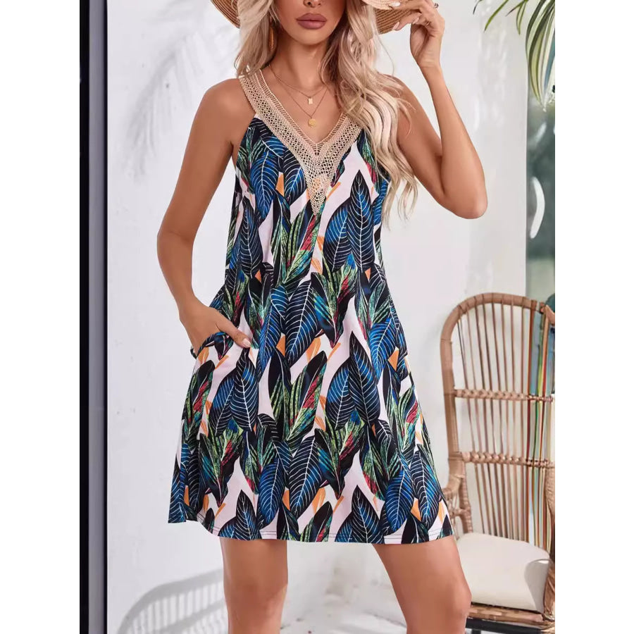 Tropical Leaf Print V-Neck Sleeveless Dress Apparel and Accessories