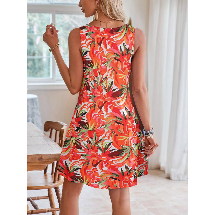 Tropical Leaf Print V-Neck Sleeveless Dress Apparel and Accessories