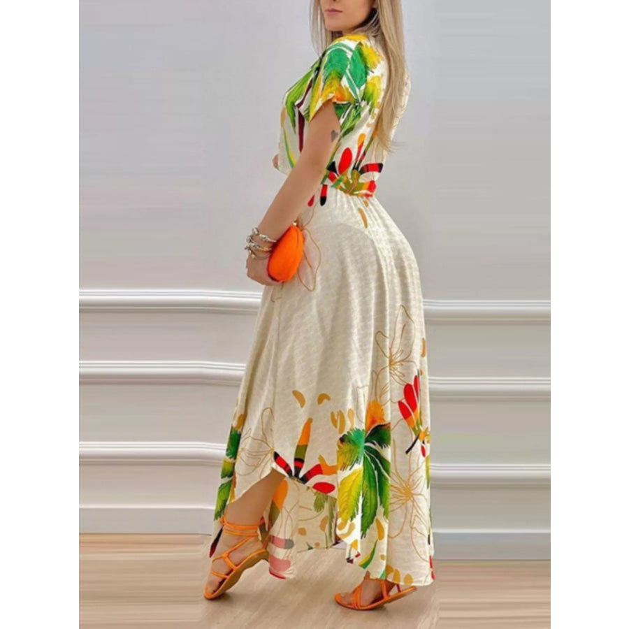 Tropical Print Button-Up Crop Top and Maxi Skirt Set、 Apparel and Accessories