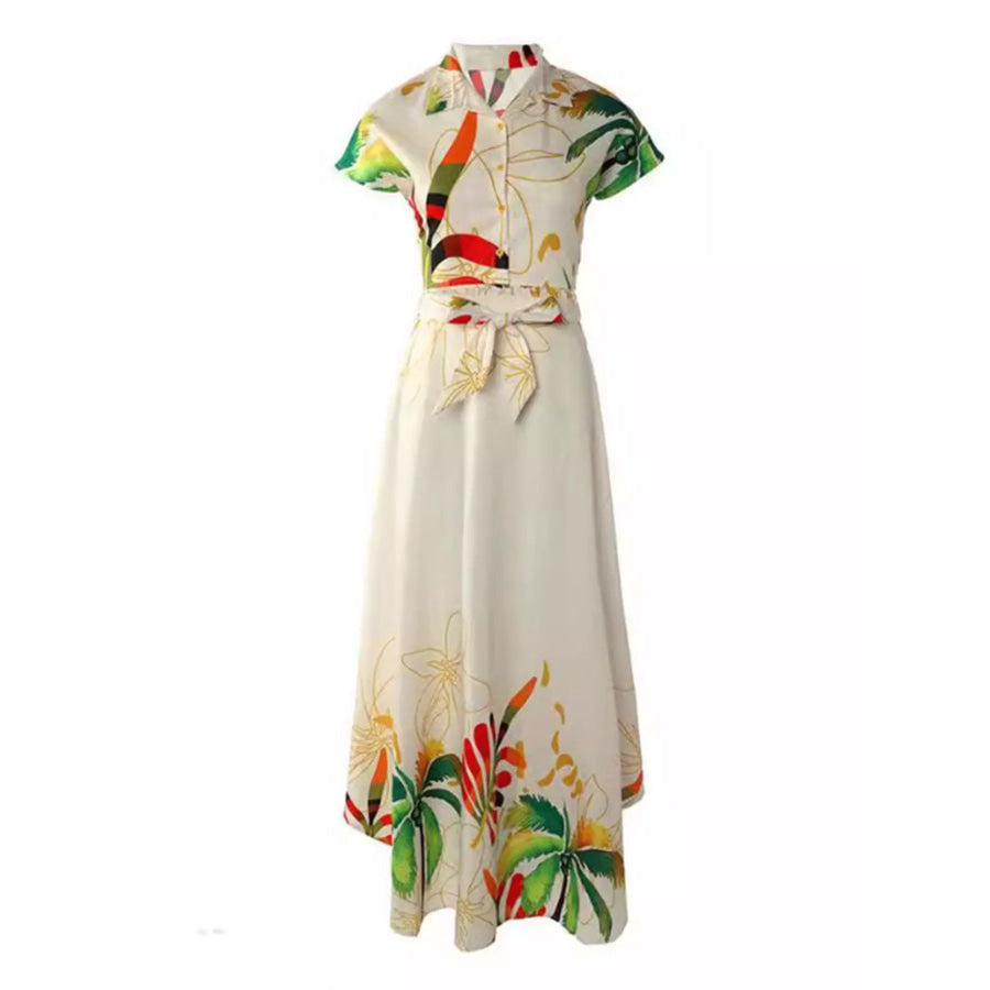 Tropical Print Button-Up Crop Top and Maxi Skirt Set、 Apparel and Accessories
