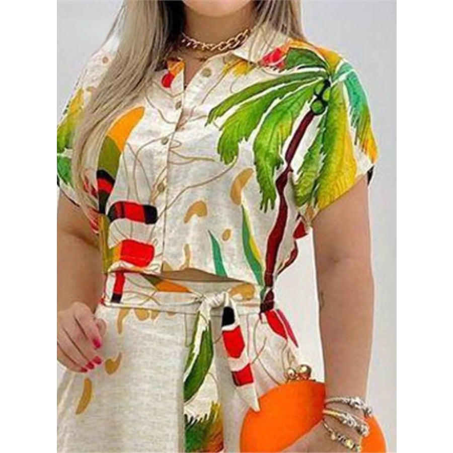 Tropical Print Button-Up Crop Top and Maxi Skirt Set、 Apparel and Accessories