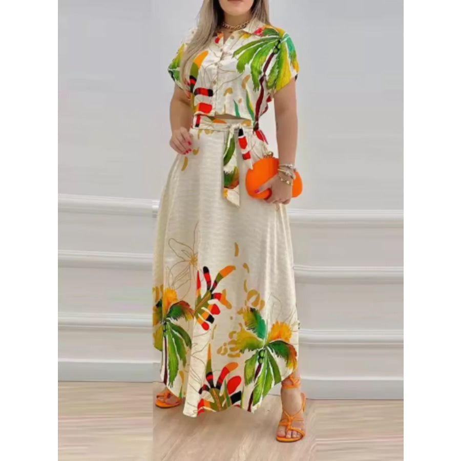 Tropical Print Button-Up Crop Top and Maxi Skirt Set、 Floral / S Apparel and Accessories