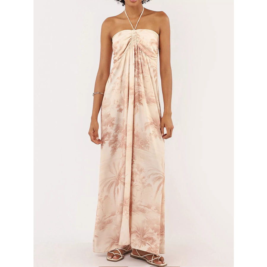 Tropical Print Halter Neck Maxi Dress Tan / S Apparel and Accessories