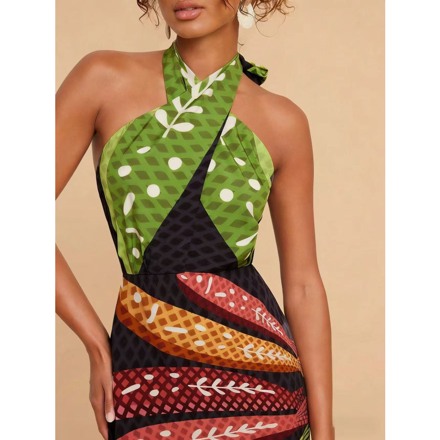Tropical Print Halter Neck Midi Dress Apparel and Accessories