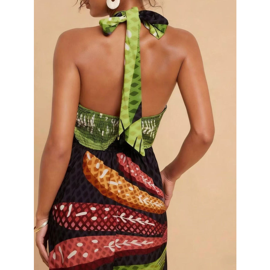 Tropical Print Halter Neck Midi Dress Apparel and Accessories