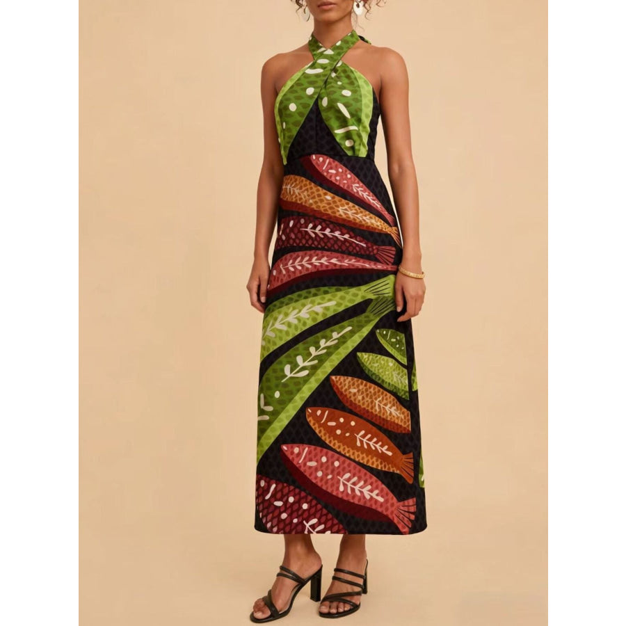 Tropical Print Halter Neck Midi Dress Apparel and Accessories