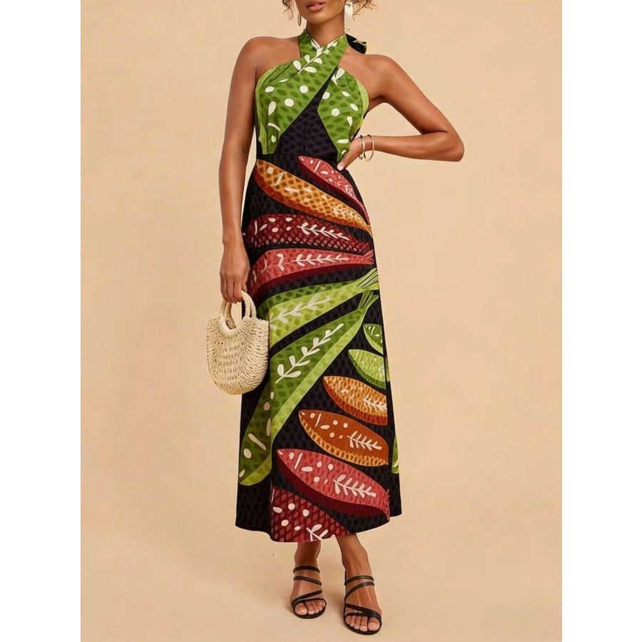 Tropical Print Halter Neck Midi Dress Apparel and Accessories