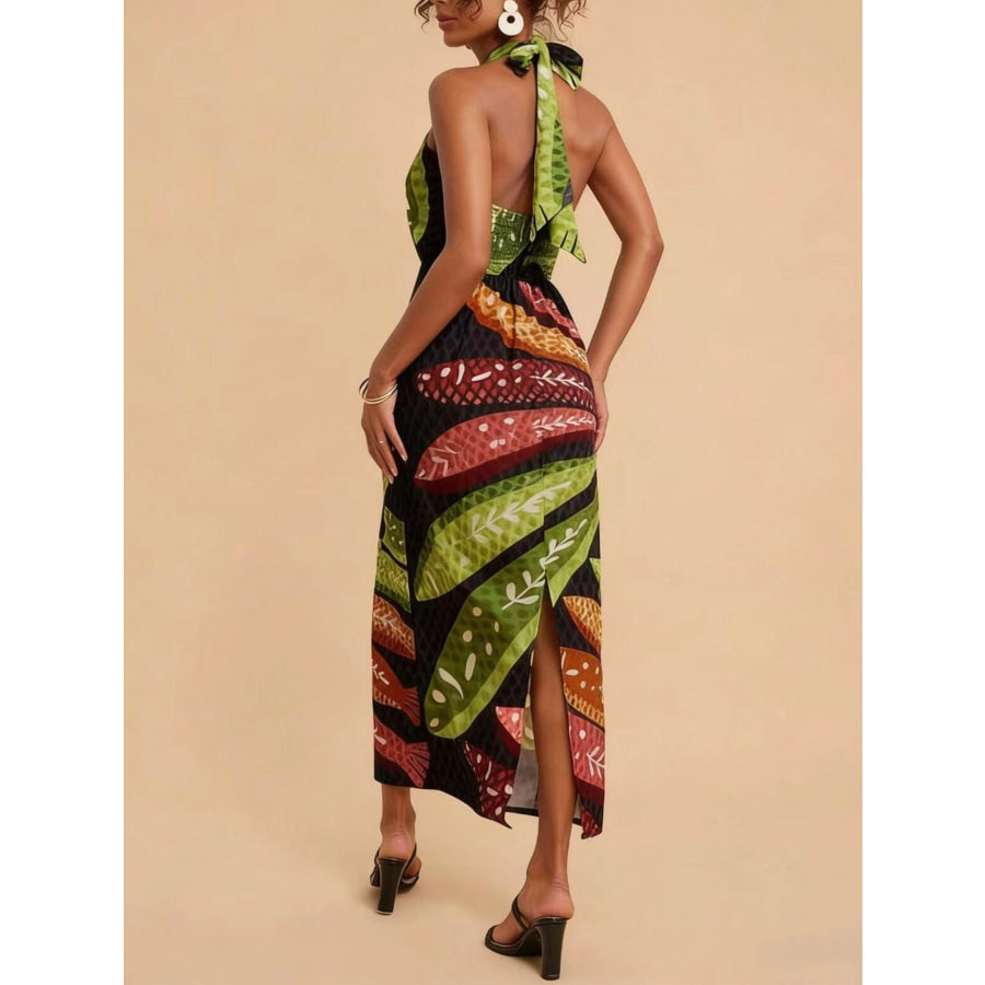 Tropical Print Halter Neck Midi Dress Apparel and Accessories