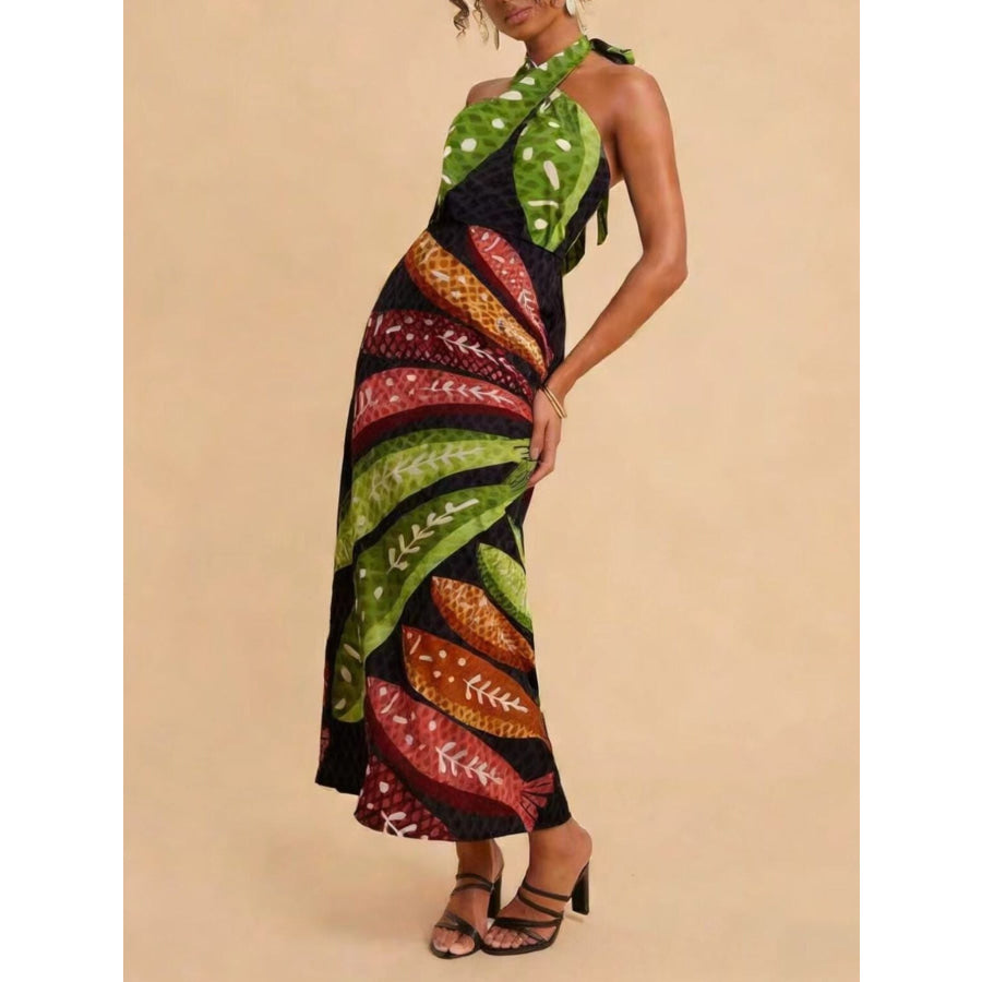 Tropical Print Halter Neck Midi Dress Apparel and Accessories