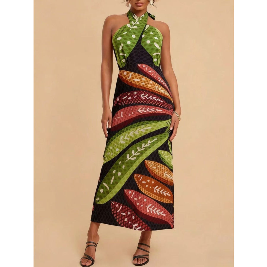 Tropical Print Halter Neck Midi Dress Green / S Apparel and Accessories