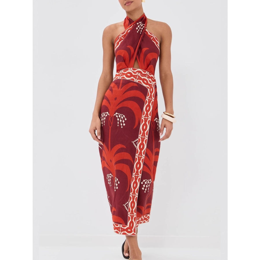 Tropical Print Halter Neck Wrap Dress Apparel and Accessories