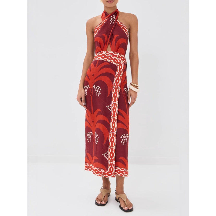 Tropical Print Halter Neck Wrap Dress Apparel and Accessories