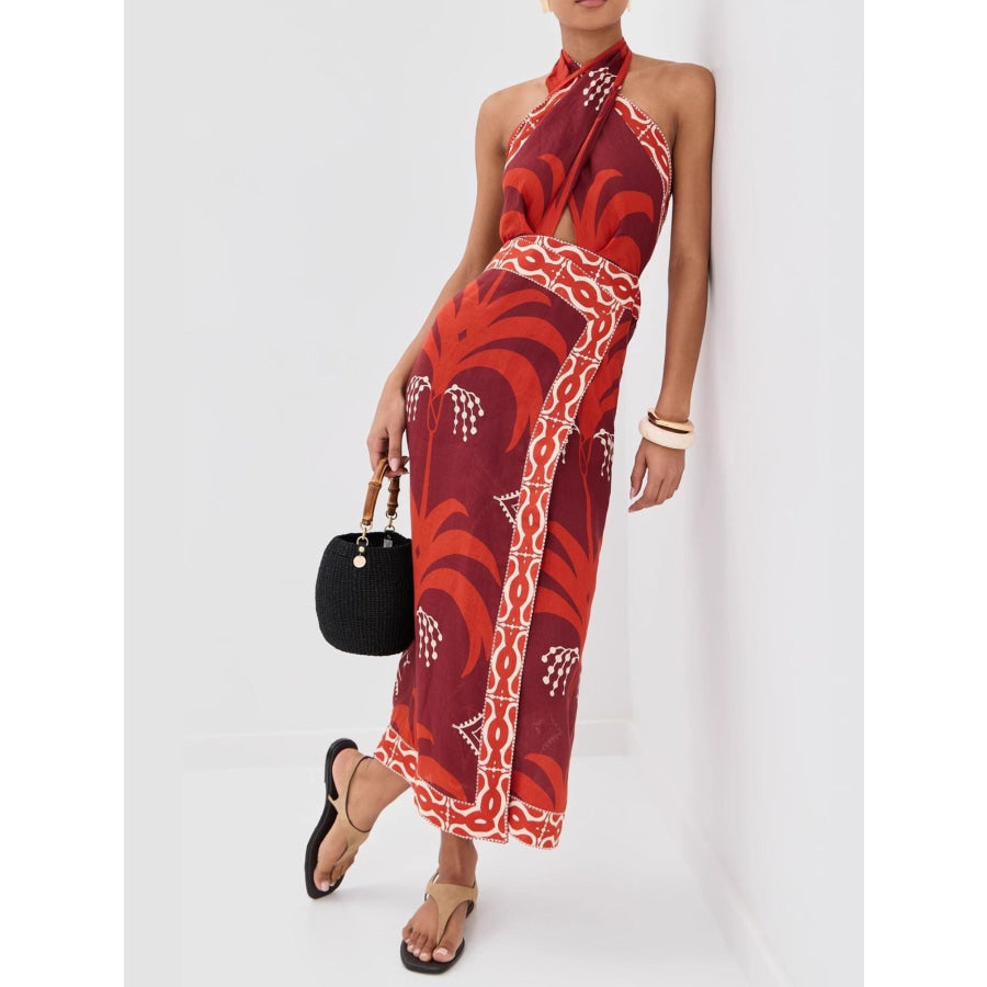 Tropical Print Halter Neck Wrap Dress Red / S Apparel and Accessories