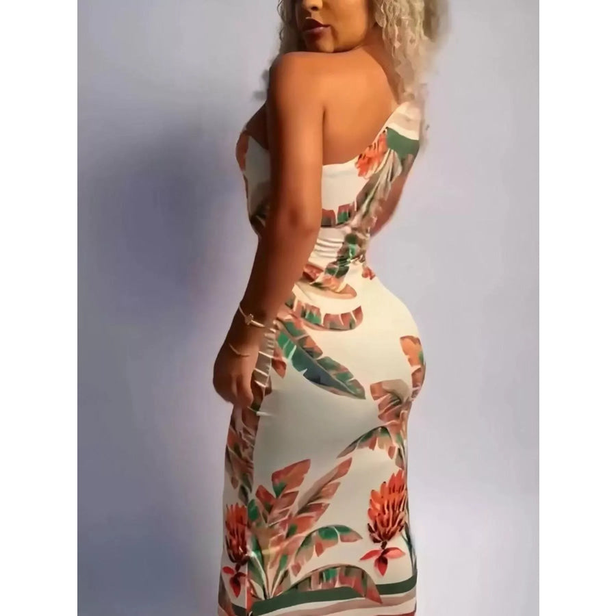 Tropical Print One-Shoulder Cut-Out Maxi Dress Apparel and Accessories
