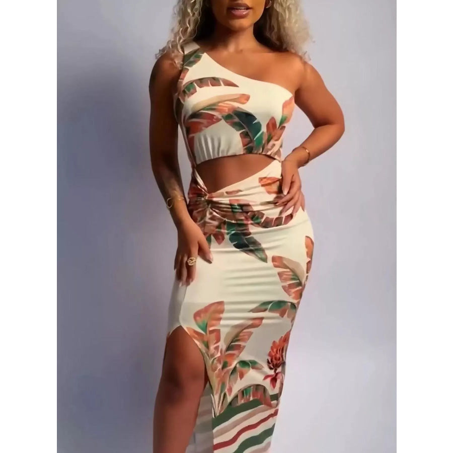 Tropical Print One-Shoulder Cut-Out Maxi Dress Apparel and Accessories