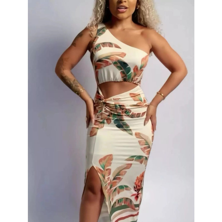 Tropical Print One-Shoulder Cut-Out Maxi Dress Apparel and Accessories