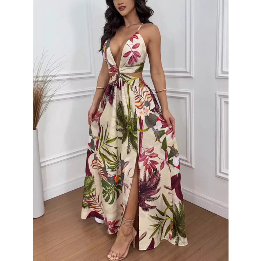 Tropical Print Plunge Cutout Slit Maxi Dress Apparel and Accessories