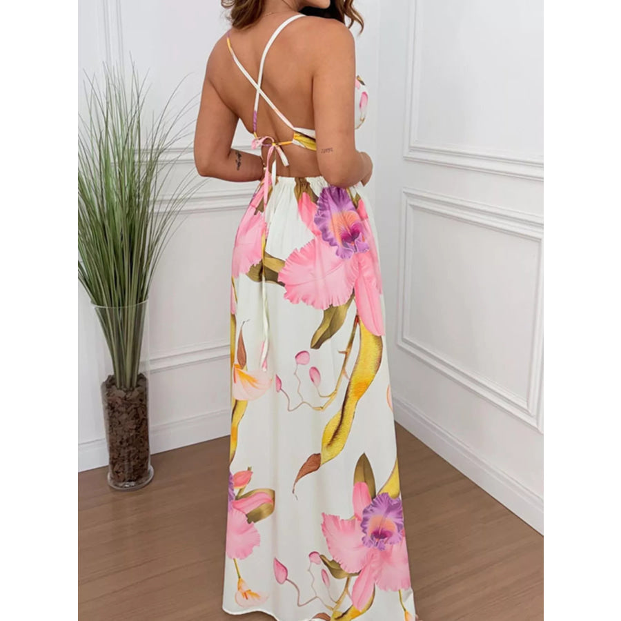 Tropical Print Plunge Cutout Slit Maxi Dress Apparel and Accessories